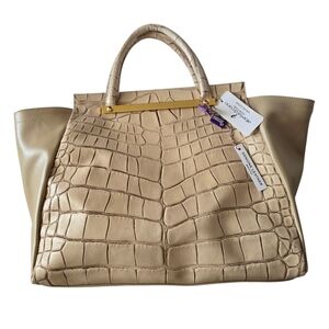 NWT Alberta Di Canio Italy Leather Croc-Embossed Beige Tote Handbag